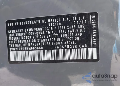 2022 Volkswagen Jetta Gli 2.0T Autobahn z USA, uszkodzony, nr VIN 3VW2T7BU8NM003660